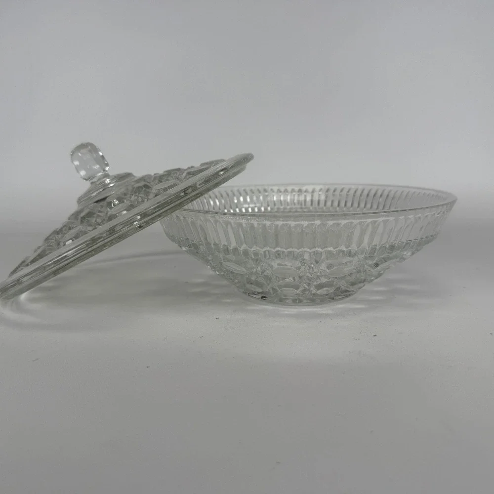 Vintage Clear Pressed Glass Candy Dish with Lid Diamond Point Thumbprint 8 Inch